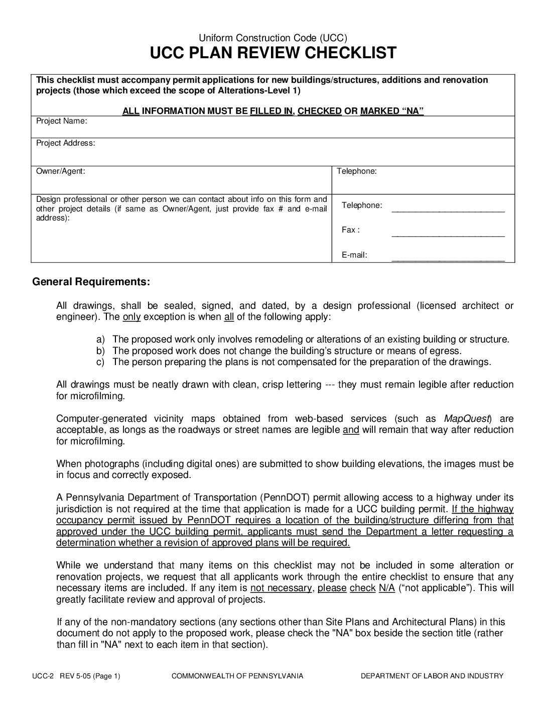Thumbnail of the first page of 'UCC Plan Review Checklist'